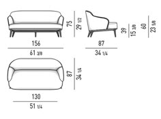 three different types of couches and chairs, with measurements for each one in the diagram