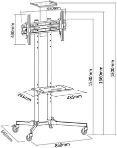 a drawing of a tv cart with wheels and the measurements for each object on it