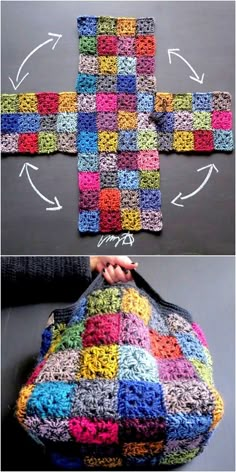 the crochet bag is made with different colors and sizes, but it's not