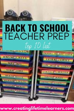 the back to school teacher prep list is stacked on top of each other with text overlay