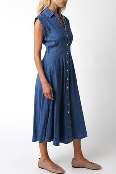 Experience effortless style with the Torrance Midi Dress. This dark wash denim dress features a collared neckline and short sleeves make it versatile for any occasion. Plus, the button down front adds convenience and style. Details + Fit 100% Cotton Runs True to Size Hand Wash Cold Hang Dry Collared Neckline Short Sleeves Pleated Waist Button Down Front Denim Dark Wash | Solid Model is 5'8" and wearing a size Small Getaway Dress, Neutral Dresses, Bachelorette Party Dress, Bachelorette Dress, Denim Midi Dress, Sleeveless Rompers, Spring Summer Dress, Sleeveless Jumpsuits, Romper With Skirt