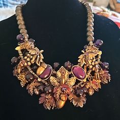 Gorgeous Statement Necklace By Mary Demarco For La Contessa. Signed On Back, Gorgeous Large Grapes, Brass Grapes, Brass Acorns, Purple Leaves With Large Beads That Go Around Necklace. Stunning Grape Necklace, Purple Leaves, Large Beads, Go Around, Color Purple, Womens Jewelry Necklace, Grapes, Statement Necklace, Jewelry Necklaces