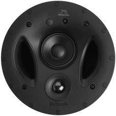 the front view of a black speaker with two speakers on each side and one in the center