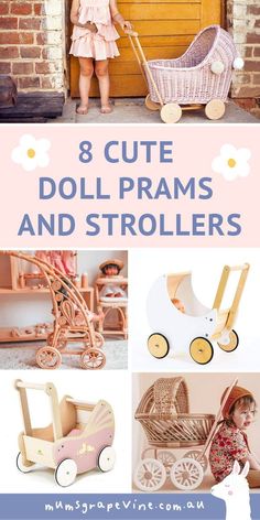 doll prams and strollers are featured in this collage with the words 8 cute doll prams and strollers