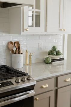 the kitchen counter is clean and ready to be used as a cook's space