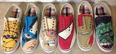 Marvel heros on canvas-  the Thing, Captain America, Stan Lee, Spiderman, Iron man and Hulk Marvel Shoes, Geeky Clothes, Painted Canvas Shoes, Painted Sneakers, Creative Shoes, Diy Vetement