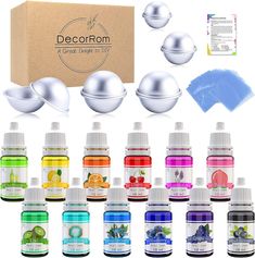 an assortment of different colors and sizes of liquids in front of a cardboard box