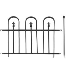 an iron fence with four posts on each side and one pole at the end, in front of a white background