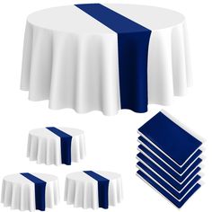 a set of table cloths and napkins with blue stripes on them, all in different sizes