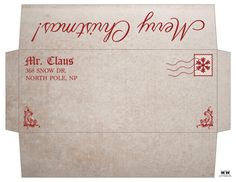 two envelopes with red ink on them, one has an image of a snowflake