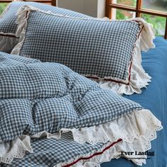 Gingham Floral Ruffle Bedding Set / Blue White Floral And Gingham Bedding, Cottage Bedding, Bed Spread, Blue Checked Bedding, Red Gingham Bedding, Eclectic Bedding, Soft Girl Bedroom, Blue Plaid Duvet Cover, Soft Pink Color Palette