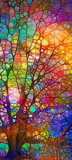 an abstract painting with many colors and shapes in the background, there is a tree that has