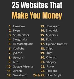 the 25 web sites that make you money list is shown in yellow and black with text overlay