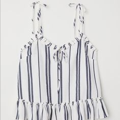 Nwt White And Blue Flowy Top Tie Shoulder Straps Front Tie Closure Ruffle Trim & Ruffle Bottom White Summer Tops By H&m, H&m White Summer Tops, Chic H&m Tops For Vacation, White H&m Tops For The Beach, H&m White Beach Top, White H&m Beach Top, H&m White Tops For Vacation, White H&m Tops For Vacation, Chic Work Outfit