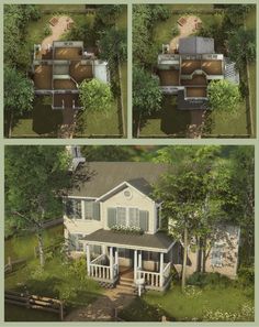 three views of an aerial view of a house in the middle of trees and grass