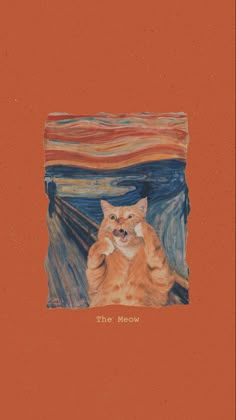 an orange and white cat with its mouth open in front of a painting that says, the meow