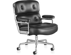 an office chair with black leather upholstered seat and chrome base, viewed from the front