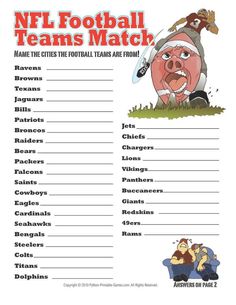 the football team match game is shown in this printable version, which includes an image of