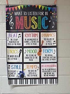 a bulletin board hanging on the wall with music notes and musical instruments in front of it