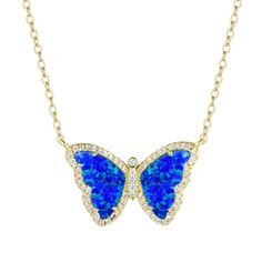 Best Seller! The most beautiful and delicate opal butterfly necklace is made with lab-created opal and set in 925 sterling silver. The butterfly wings are surrounded with pave crystal for an added sparkle. Butterflies represent hope, rebirth, and transformation. Pair this necklace with our opal chokers or your favorite gold chain for a fun layered look. <3 Lab-created opal set in gold-plated, 925 sterling silver 18" chain with adjustable slider ball Dimensions: 23x14mm Note: the white opal butte Luxury Opal Necklace For Gift, Blue Opal Gemstone Necklaces, Luxury Unique Opal Necklace, Crystal Butterfly Necklace, Blue Crystal Butterfly Necklace, Lavender Opal, Moon Bracelet, Hand Necklace, Crystal Choker