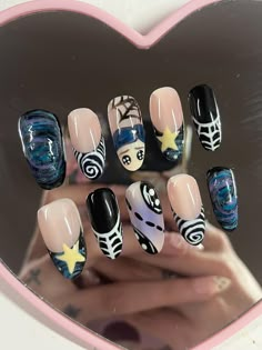 hand made, custom press on nails made with 4 plus layers of high quality gel polish Coraline Halloween, Horror Nails, Halloween Press On Nails, Custom Press On Nails, Hippie Nails, Cute Simple Nails, Nails Set, Pretty Gel Nails, Really Cute Nails