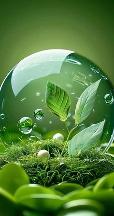 a glass ball filled with green leaves and water droplets on top of grass covered ground