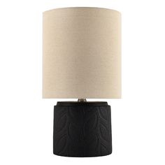 a black table lamp with a beige shade on it's base and a white linen lampshade