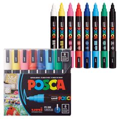 12 assorted posca markers and 8 pens in display box with each one different color