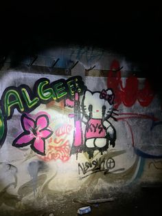 graffiti on the side of a wall with flowers and hello kitty written all over it