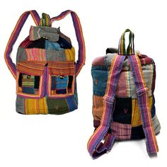 These bright, colorful, handcrafted bags make a great gift. Spacious and comfortable, they are perfect for travel or a casual day out. Available as shoulder bags or backpacks. Shoulder bags have a both a zipper and button closure, as well as an extra inside zipper pocket. Backpacks have a button and drawstring closure, adjustable straps, and loop for hanging. Please choose style in selection menu. Photos show examples of bag styles. Colors are miscellaneous and will vary. Made of 100% cotton. Handmade Multicolor Travel Backpack, Handmade Multicolor Standard Backpack, Handmade Multicolor Backpack For School, Bohemian Multicolor Backpack For School, Handmade Multicolor School Backpack, Multicolor Patchwork Satchel Bag, Bohemian Multicolor Bucket Bag For Travel, Multicolor Shoulder Bucket Bag For Travel, Colorful Bohemian Bags For Gifts