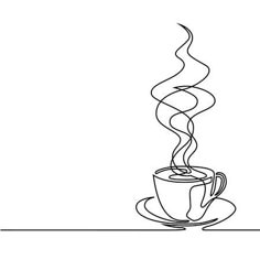 a line drawing of a coffee cup with steam rising from the top and saucer