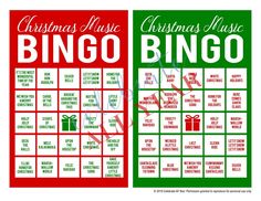 two christmas themed games with the words, christmas music and bingo written on them