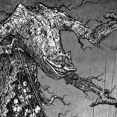 a black and white drawing of a monster holding something in its mouth with it's hands