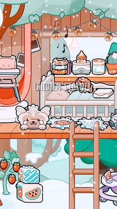 an animated image of a kitchen with teddy bears