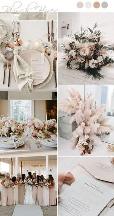 a collage of photos with flowers, feathers and menus on it's table