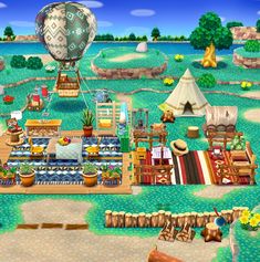 an animal crossing game with lots of animals and balloons in the air, including a hot air balloon