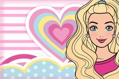 a cartoon girl with long blonde hair and big blue eyes, standing in front of a heart - shaped background