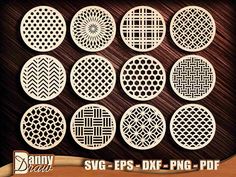 six different circular designs in white and black on a wooden background with the words svg files