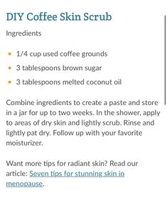 Natural Beauty Recipes, Uses For Coffee Grounds, Diy Coffee, Beauty Recipe, Coffee Grounds, Radiant Skin