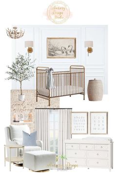 a baby's room with white furniture and decor