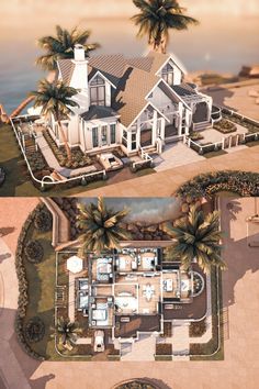 an aerial view of a large house with palm trees in the front yard and side by side photos