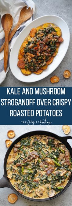 kale and mushroom stroganoni over crispy roasted potatoes