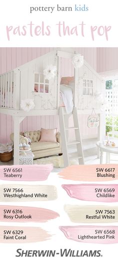 an advertisement for pottery barn kids pastels that pop, featuring pink and white furniture