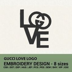 the gucci love logo embroidery design - 8 sizes is shown in black and white