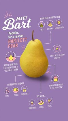 a pear is shown on a purple background with the words meet bart written below it