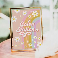 a card with the words gala station on it sitting on top of a wooden table