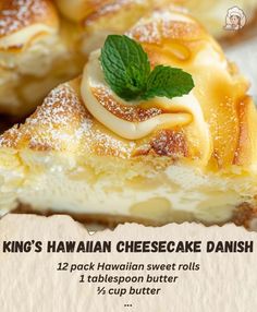 a piece of cheesecake with icing on top is shown in this advertisement for king's hawaiian cheesecake danish