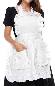 a woman wearing an apron and black dress with white ruffles on the front