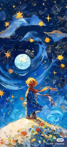 a painting of a girl standing on top of a hill with stars in the sky