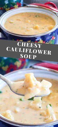 cheesy cauliflower soup in a blue bowl with a spoon on it